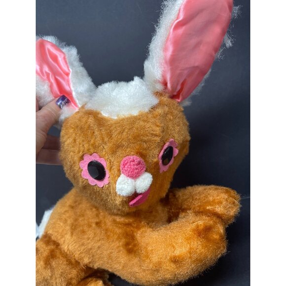 Vintage 1960s/70s Brown Rabbit Plush Toy With Long Ears & Pink Floral Eyes - Picture 3 of 7